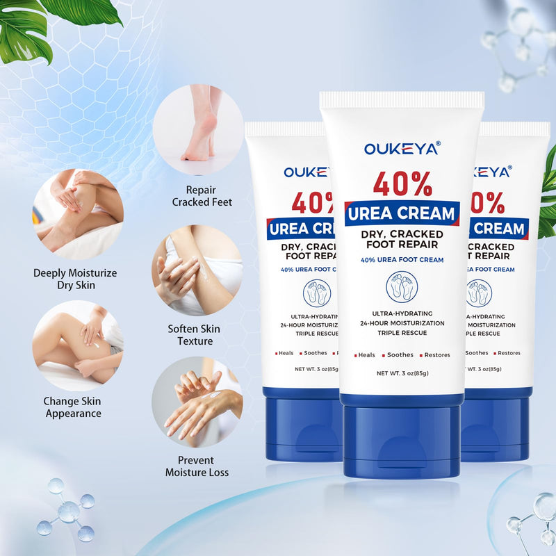 OUKEYA Urea Cream 40 Percent Tube 3 Oz, Urea Foot & Hand Cream for Dry Cracked, 40 per Urea Lotion for Feet Maximum Strength 3 Ounce(Pack of 3) | Moisturizing, Exfoliating, Softening, Feet, Heels, Elbows Knees, Non-Greasy, Fast-Absorbing