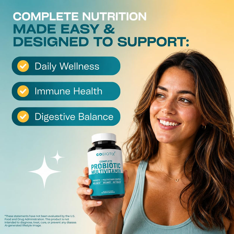 GOBIOTIX Multivitamin with Probiotics and Digestive Enzymes - 25 Billion CFU - Digestive Health, Probiotics for Women and Men - Gluten Free Pills - 90 Capsules 90 Count (Pack of 1)