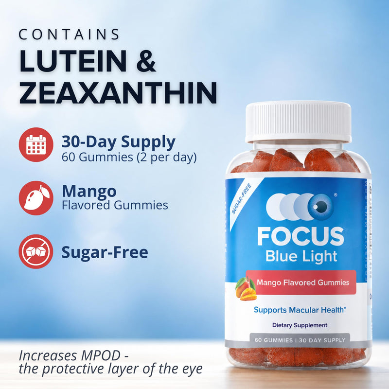Focus Blue Light Mango Eye Vitamin Gummies, Lutein, Zeaxanthin, 60 Count | Support macular health, relieve eye fatigue, and protect vision from digital devices, made in USA, 30-day supply