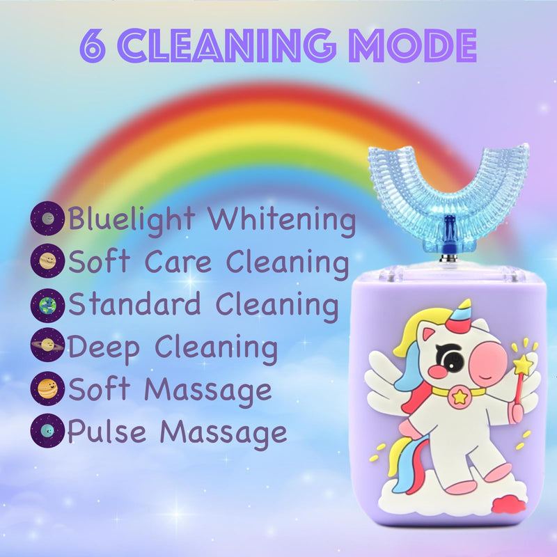 [Australia] - Kids Electric Toothbrush U Shaped Toddler Auto Sonic Toothbrushes with 5 Brush Head, Cartoon Unicorn Ultrasonic 360° Full Mouth Cleaning Automatic Toothbrushes for Children 2-7 Years Unicorn (Ages 2-7) 