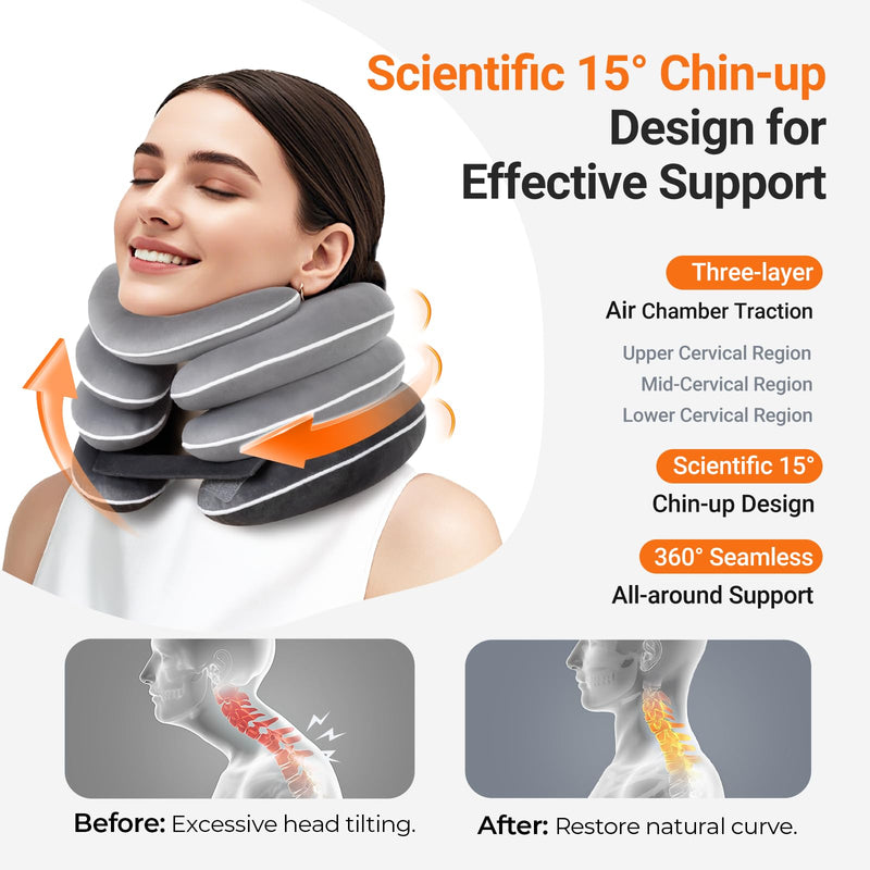 [Australia] - Built-in Inflatable Neck Stretcher, Cervical Traction Device with High-Front & Low-Back for Effective Traction and Support, Neck Decompression Devices with 3-Layer Chambers in Varied Sizes, Home Use Gray 