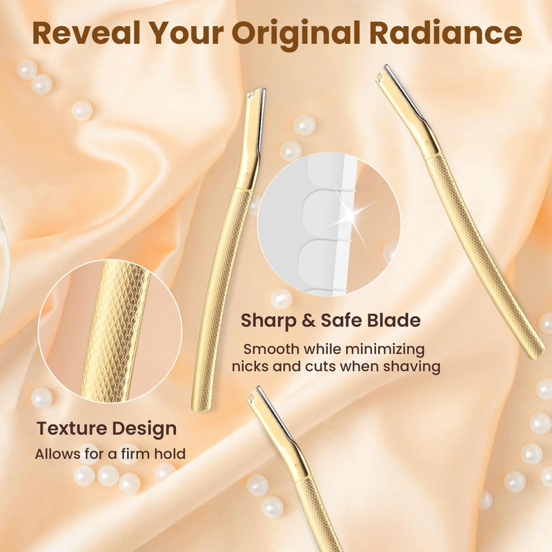 Dermaplaning Tool for Face, Dermaplane Razor for Peach Fuzz with Metal Grip, Professional Eyebrow Razor for Women, Facial Razor for Women Gold (12 Replaceable Blades)