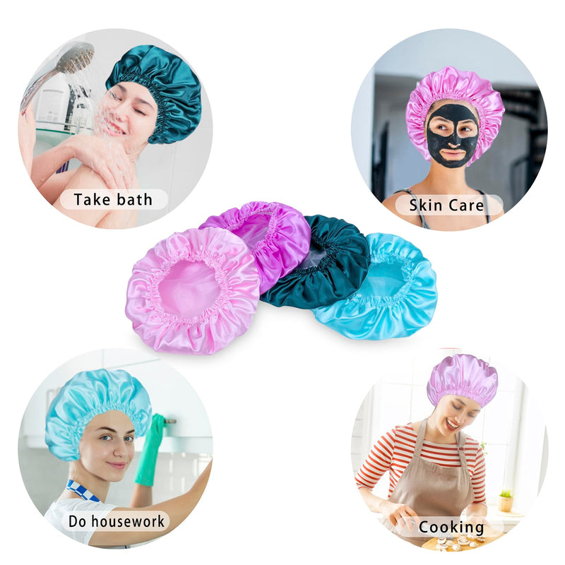 [Australia] - Shower Caps for Women, 4 PCS Elastic and Reusable Bath Caps, Double Waterproof Layers Shower Cap, Bathing Shower Caps, Environmental Protection Hair Bath Hat - Solid Color Solid Color 4 PCS/Set 