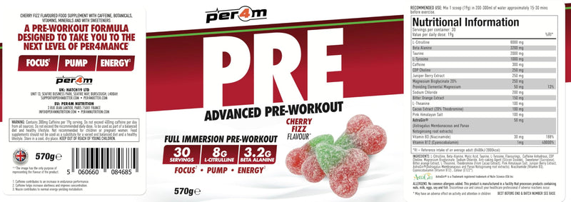 Per4m Pre Workout Powder | Intense Pump, Sustained Energy & Mental Focus | L-Citrulline, Beta Alanine & Caffeine & Added Hydration (570g, Cherry Fizz)