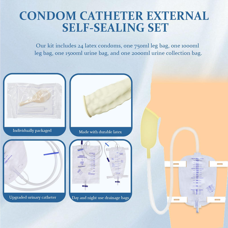 [Australia] - External Male catheters for Men, 24pcs Soft Latex Sets, 1 pcs 750 ml Leg Bag, 1 pcs1000 ml Leg Bag, 1 pcs 1500 ml Urine Bag, 1 pcs 2000 ml Urine Bag with 4 Rolls of Tape - Urine Collection (30mm) 30mm 