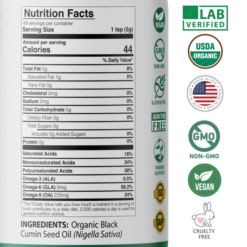 [Australia] - Mother Nature USDA Organic Black Seed Oil, High TQ 2%, Cold Pressed, Unrefined Nigella Sativa, Omega 3 6 9 for Immune, Joint & Heart Support, Hair & Skin, Non-GMO, Glass Bottle (8oz) 8 Fl Oz (Pack of 1) 