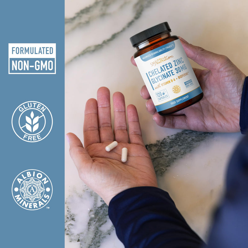Chelated Zinc Supplements - Zinc Glycinate 30 mg (120 Capsules) Highly-Absorbable TRAACS Chelated with Vitamin B6 & BioPerine - Immune & Skin Health Support - Non-GMO, Gluten-Free - 4 Month Supply