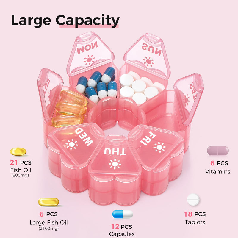 LANDNEOO Weekly Pill Organizer 2 Times a Day, Cute Double-Sided AM PM Pill Case 7 Day, Pink Travel Pill Box for Medication, Vitamins, Fish Oils, Supplements - Pink
