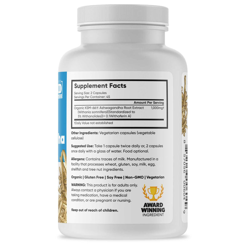 [Australia] - Brain Forza KSM-66 Ashwagandha Organic Pure Root Extract, Strongest 1,000mg Dose, High Potency 5% Withanolides, Hormone Health, Cognitive Support, Organic, Non-GMO, 90 Capsules 