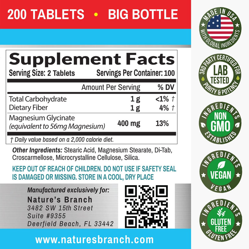 [Australia] - Magnesium Glycinate 400 mg - 200 Tablets - High Absorption, Non Buffered Bisglycinate Mag Supplement for Sleep, Leg Cramps, Heart, Ease Muscles, Calm Headaches for Women and Men, Non Powder Capsules 