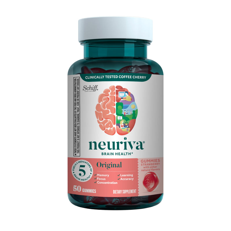 NEURIVA Original Brain Supplements for Memory and Focus, Clinically Tested Nootropics Phosphatidylserine and Neurofactor, Caffeine Free, 50ct Strawberry Gummies | Brain Supplements for Memory and Focus, Phosphatidylserine, Neurofactor, Decaffeinated No...