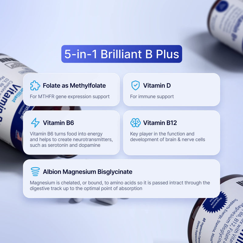 AgeImmune Vitamin B Complex with Vitamin D3 B12 B6 Magnesium Bisglycinate and Folate as Methylfolate - Doctor Formulated Methylated B Complex Supplement – 60 Capsules - Without Niacin 60 Count (Pack of 1)