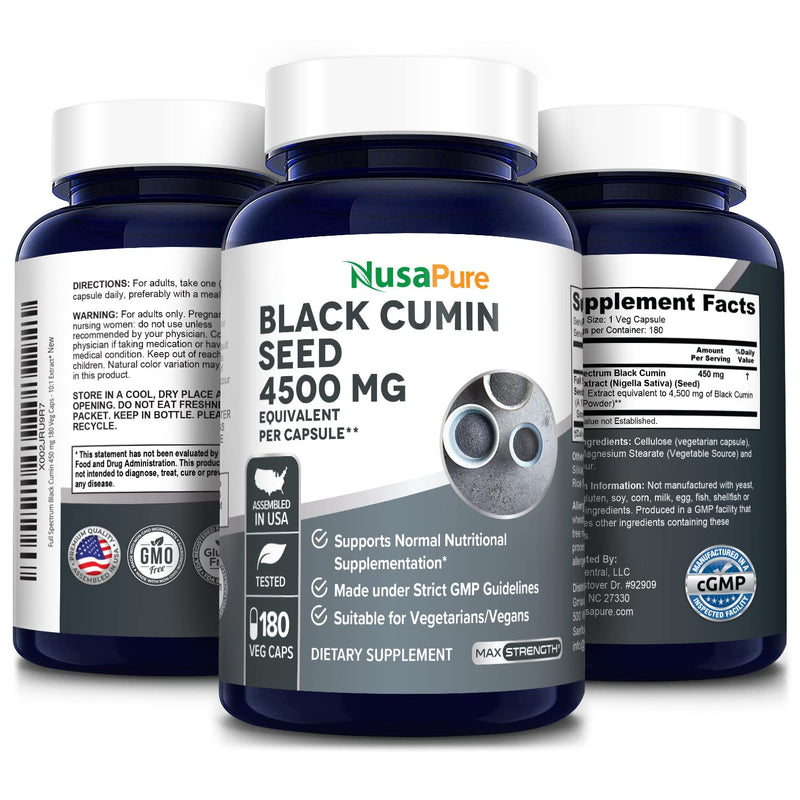 [Australia] - NusaPure Full Spectrum Black Cumin Seed Extract 4500mg 180 Veggie Powder Caps (Extract Ratio 10:1, Non-GMO, Gluten Free) Non-Oily 