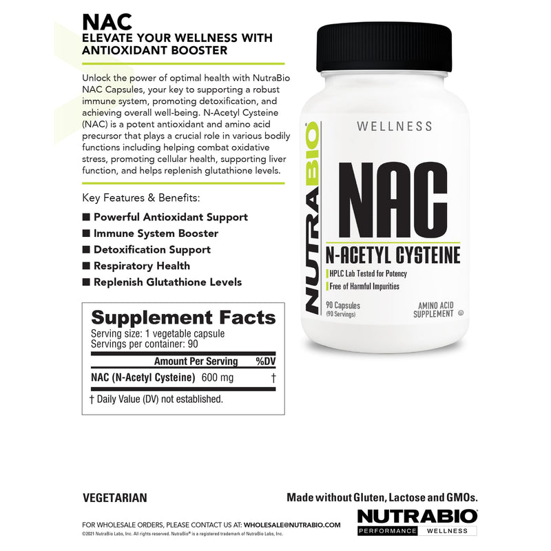 [Australia] - NutraBio N-Acetyl Cysteine Supplement (NAC) - 90 Capsules, 600mg Each - Powerful Anti-Oxidant - Immune Support - Boost Glutathione 