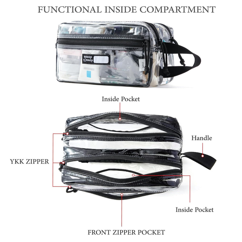 Rough Enough Clear Travel Toiletry Bag for Men Women Traveling Toiletries Essentials Shaving Hygiene Dopp Kit | Dual-Compartment Design, Water-Resistant Thick PVC, YKK Zipper, Fits Full-Size Toiletries & Makeup, with Reinforced Handle