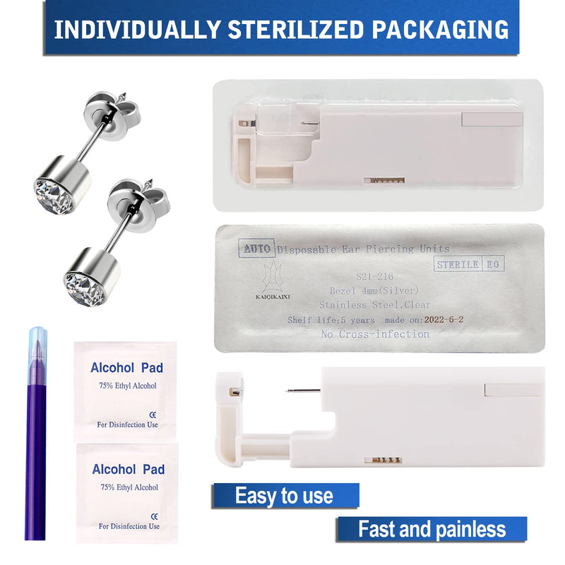 [Australia] - 2Pcs Ear Piercing Kit Automatic and Painless Ear Nail Gun Disposable Aseptic Household Ear Piercing Gun Portable Ear Piercing Gun Group Ear Piercing Tools With Built-in 4mm Hypoallergenic Ear Studs Silver 
