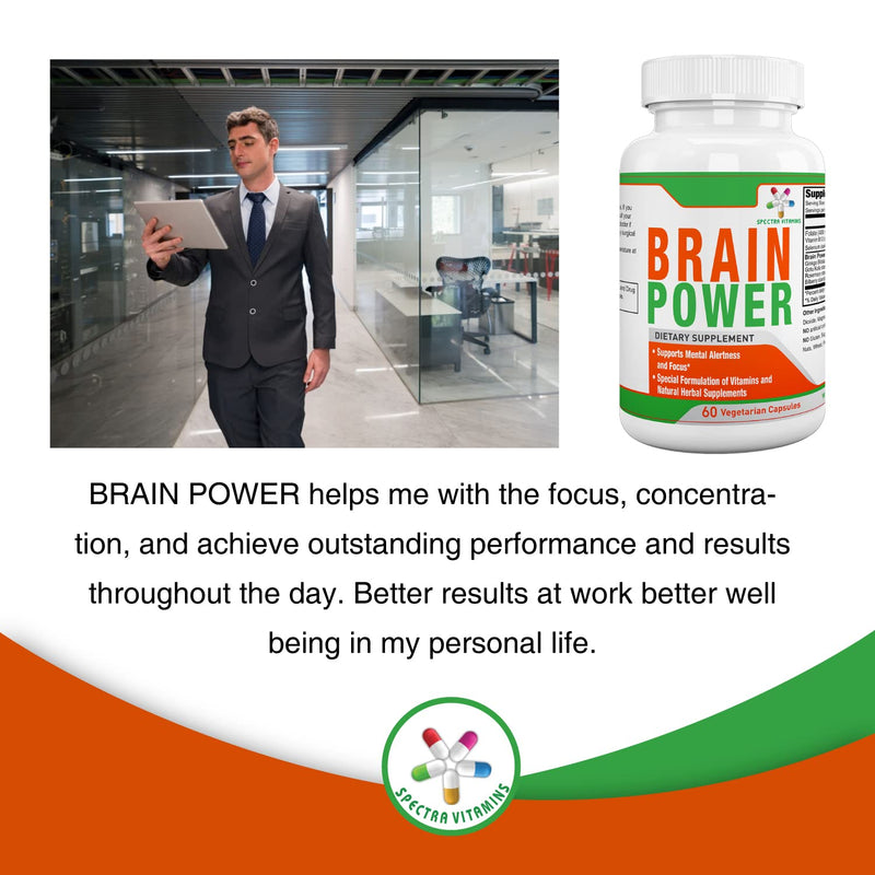Brain Power, 60 Capsules, for Men & Women | Supports Focus, Nootropics, Improves Memory, Alertness, Ginkgo Biloba, Gotu Kola