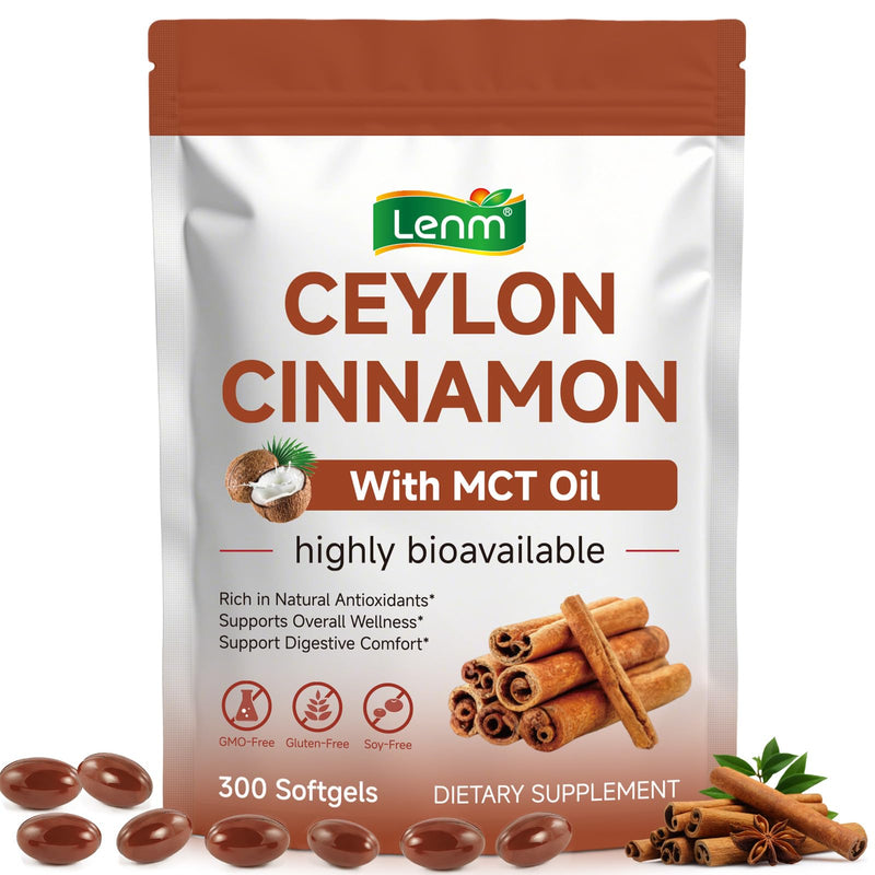 Ceylon Cinnamon SoftGels with MCT Oil, 600mg Cinnamomum Verum Extract for Metabolism Support & Digestive Comfort,Gentle Daily Wellness Support – Non-GMO & Gluten Free - 300 Vegan