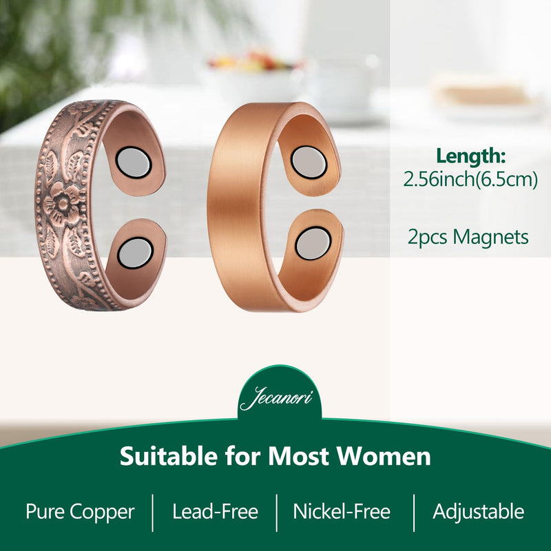 [Australia] - 2PCS Copper Rings for Women Men,Magnetic Therapy Copper Ring,Adjustable Jewelry Gift with Ring Box(Vintage Flower|Uncoated Sleek) 