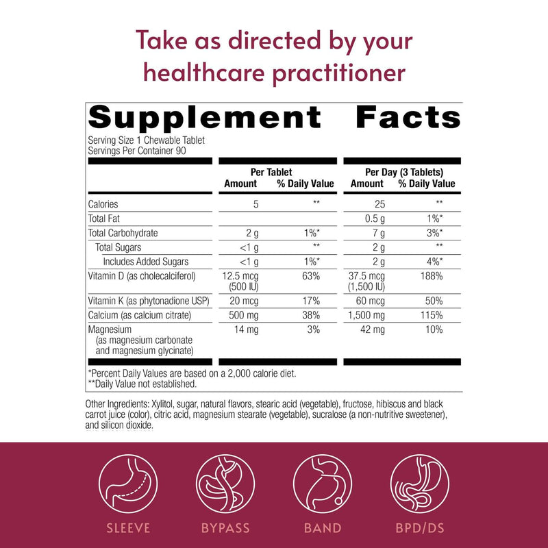 Bariatric Advantage Calcium Citrate Chewable, Wild Cherry, 90 Count | 500 mg Calcium Citrate, for Bariatric Surgery Patients, High-Potency, Easy-Digest Tablets, Bone Strength Supplements* 90 Count (Pack of 1)