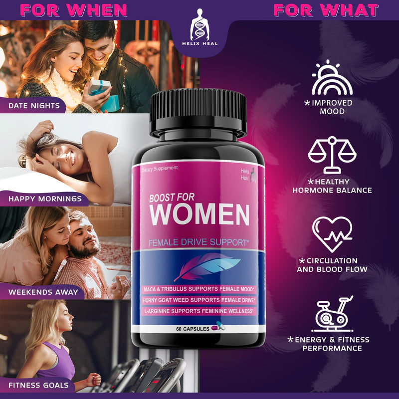 [Australia] - Female Libido Booster for Women - Energy Booster w. Hornygoatweed for Women, Maca Root - Tribulus - Ginseng & L-Arginine - Hormone Balance for Women - 30 Day Supply (60ct), Made-in-USA 