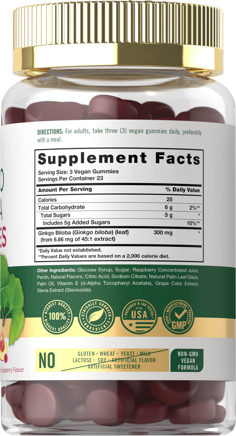 Carlyle Ginkgo Biloba 300mg | 70 Gummies | 45:1 Leaf Extract | with Peach Raspberry Flavor | Vegan, Non-GMO, Gluten Free Supplement