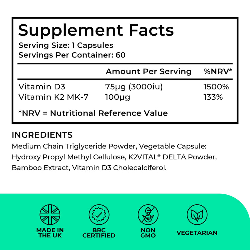 Vitamin D3 K2 and MCT Powder for Superior Absorption | Includes K2VITAL® MK-7 - A Premium Form of K2 | 60 Capsules | 3000iu D3 + 100μg K2 | Love Life Supplements - Premium UK Supplements