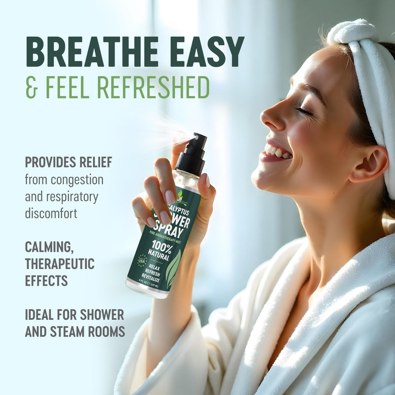 Pure Eucalyptus Shower Spray - Eucalyptus Spray for Shower, Sauna and Spa | 100% Pure & Organic Oil - Steam Room Oil - Aromatherapy - Sinus Congestion Relief - Tension Relief - Made in USA - Big (8oz) 8 Fl Oz (Pack of 1)