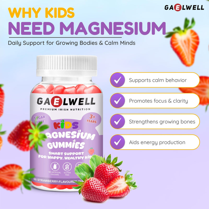 Kids Magnesium Gummies for Calm & Sleep – 2MONTHS–Supply – Sugar-Free Strawberry – Vegan, Gluten-Free, Magnesium Citrate – 60 Gummies –No Melatonin – Irish-Owned, HACCP & GMP Certified– Gaelwell®
