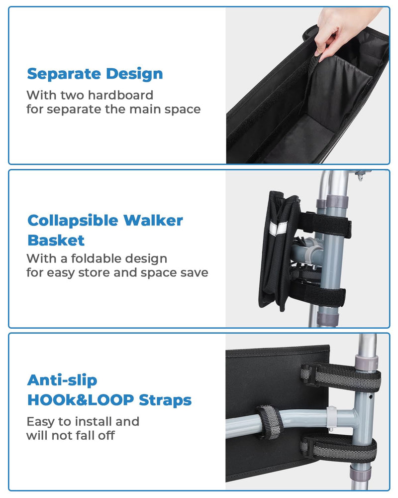 [Australia] - JOYTUTUS Walker Basket for Seniors, Basket for Walkers with Cup Holder, with Two Split Board, Foldable Walker Storage Bag, Best Gift for Family and Friends, Black (Not Fit Rollator Walkers) 