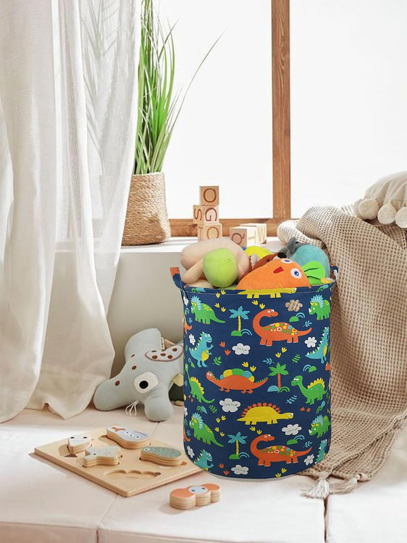 [Australia] - Round Canvas Clothes Basket Laundry Hamper dark blue dinosaur 