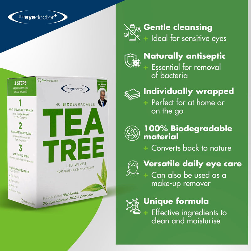 [Australia] - The Eye Doctor Tea Tree Oil Eyelid Wipes - 40 x Single Use Eye Cleaning Wipes for Daily Lid Care - Individual Preservative Free Sensitive Eye Cleaner - Soothes Cleans and Refreshes 40 Count (Pack of 1) Tea Tree Wipes 