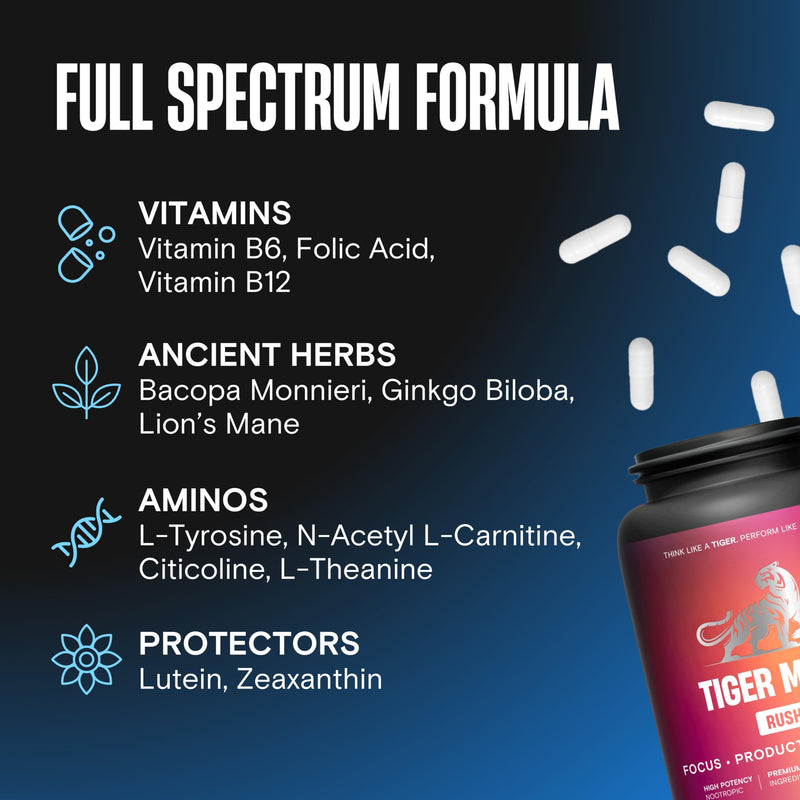 Tiger Mind Rush Nootropics Brain Supplement with Vitamins B12, B6, Folic Acid (B9), Lion's Mane, Ginkgo Biloba & More | For Energy, Focus & Memory Functions | Non-GMO, Vegan, Made in the UK, 120 Count