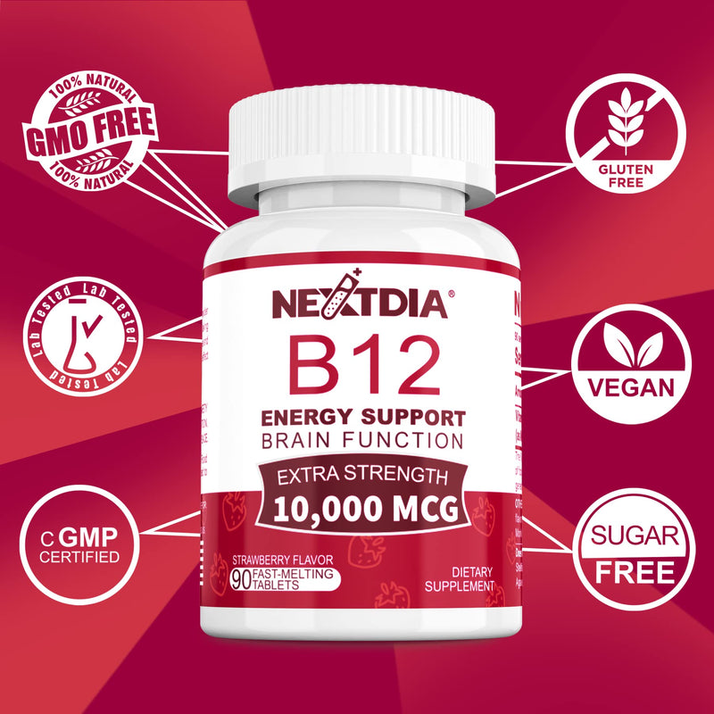 Vitamin B12 10,000 mcg Sublingual, Methylcobalamin, Sugar Free,270 Servings | Methylated Vitamin B12 Sublingual for Energy Boost, Metabolism, Blood Cell Function, Methylation, Vegan, No-GMO Fast Dissolve 90 Count (Pack of 3)