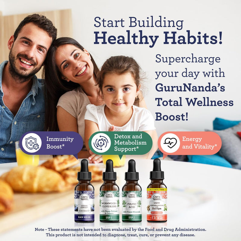 [Australia] - GuruNanda Total Wellness Boost with Liquid Ashwagandha, Black Seed Oil & GutCleanse - Helps with Immunity and Mind Care 