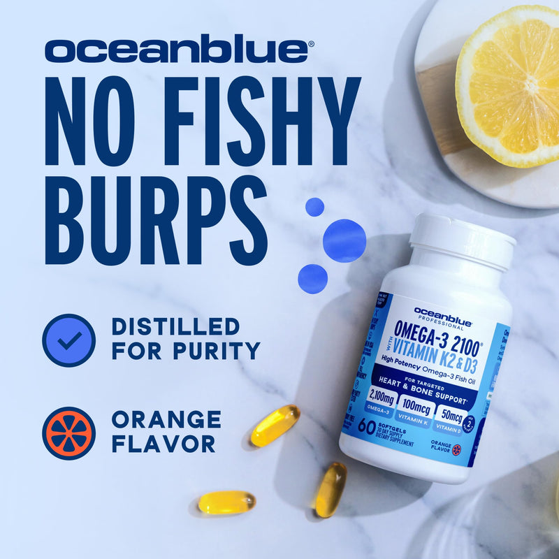 Oceanblue Professional Omega-3 2100 with Vitamin K2 and D3 - Triple Strength DPA EPA DHA Omega 3 Supplement - Burpless Wild Caught Fish Oil - Orange Flavor, 2-Pack of 60 Softgels (60 Servings) 2 Count (Pack of 60) Standard Size