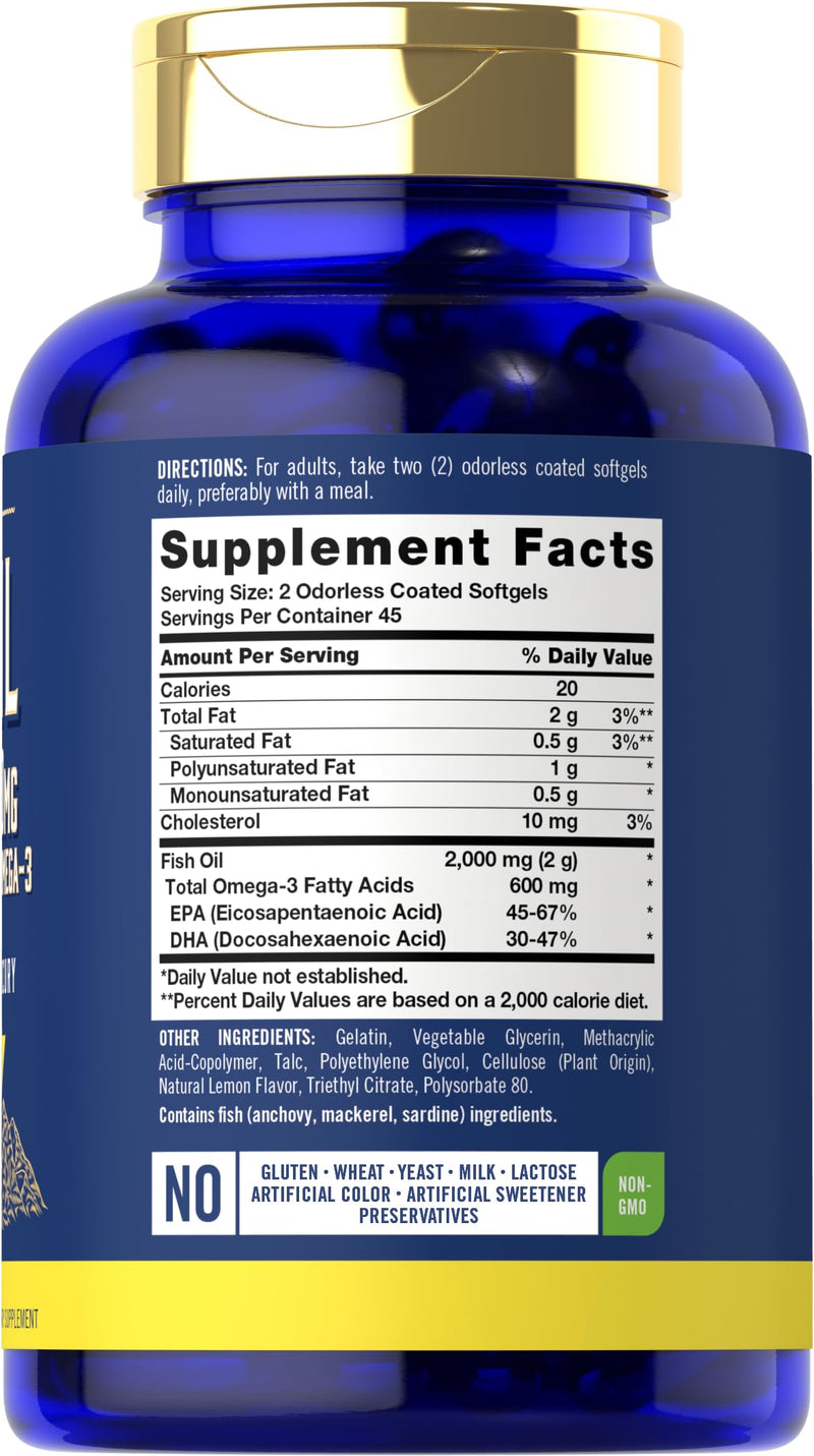 [Australia] - Carlyle Fish Oil 2000mg | 600mg Omega 3 Supplement for Men & Women | 90 Odorless Softgels | Lemon Flavored | Non-GMO and Gluten Free 
