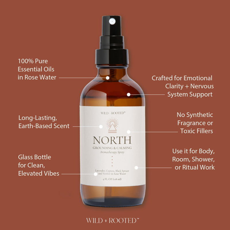 North Aromatherapy Room & Body Spray | Grounding & Calming Essential Oil Mist | Lavender, Cypress, Black Spruce, Vetiver in Rose Water | Body, Linen & Pillow Spray | 4oz Glass Bottle