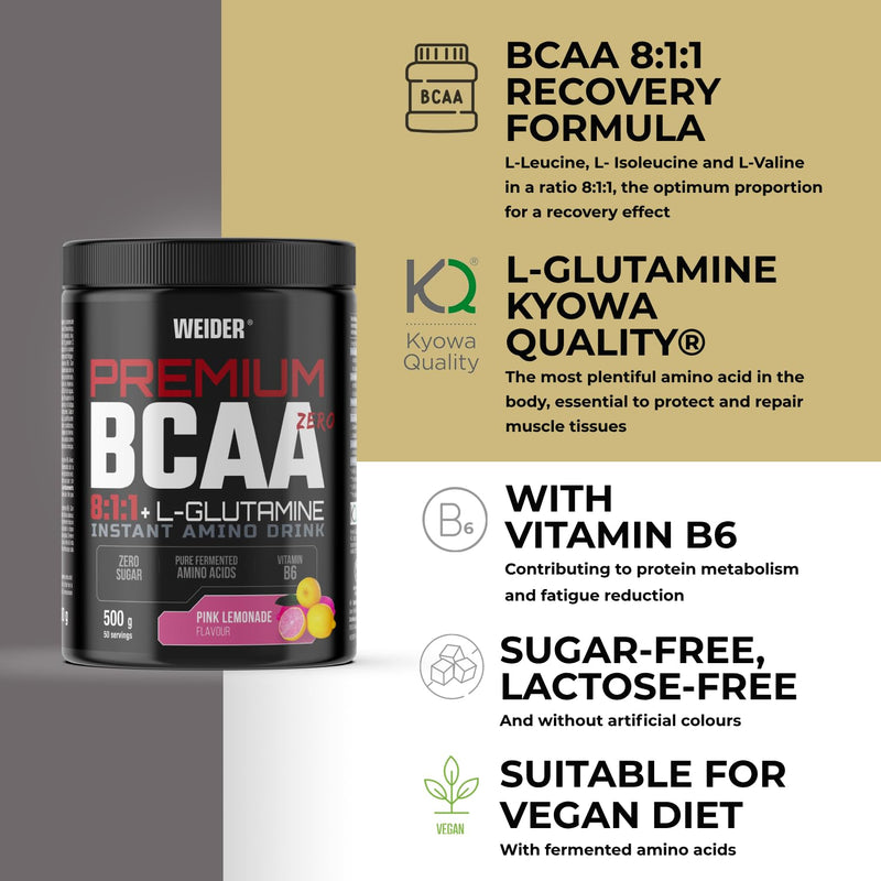 Premium BCAA 8:1:1+L-Glutamine (500g) Pink Lemonade Flavour, Recovery Combination of Amino Acids with Kyowa Quality® L-Glutamine, Vitamin B6, Increases and Protects Muscle Mass, Zero Sugar, Vegan 500g