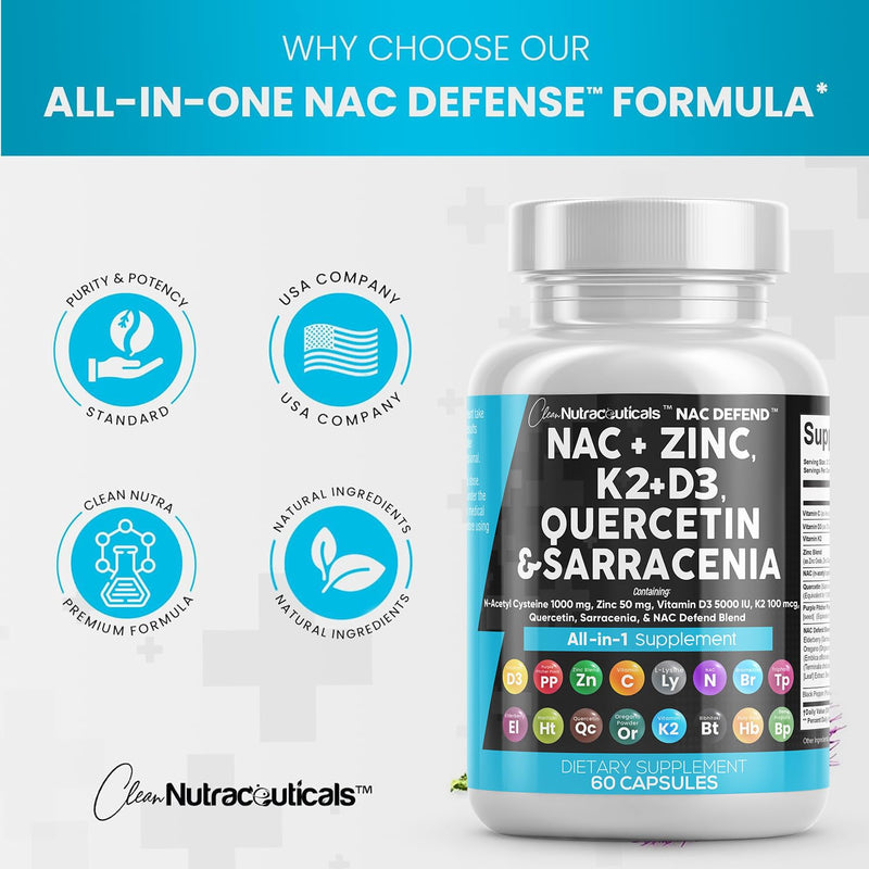 [Australia] - Clean Nutraceuticals NAC Supplement N-Acetyl Cysteine 1000mg Vitamin D3 K2 Zinc Quercetin 1000mg Sarracenia Purpurea 1000mg with Elderberry Holy Basil Bee Propolis Bromelain L-Lysine - 60 Count 