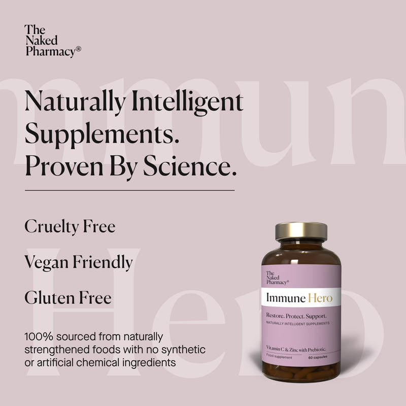 The Naked Pharmacy | Immune Hero for Adults | Natural Immunity Booster | Vitamin C, Zinc & Prebiotic | Energy & Fatigue | Collagen Supplement | No Additives | Vegan | 60 Capsules
