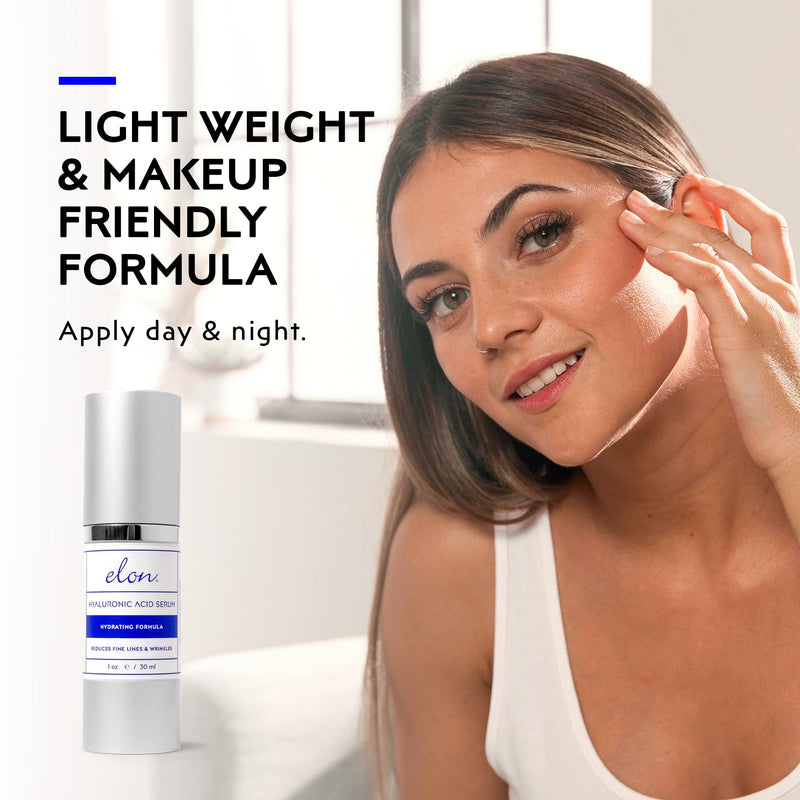 Elon Hyaluronic Acid Serum for Face & Neck - Revitalizing Daily Facial Serum Vitamin C and Hyaluronic Acid, E & Jojoba Oil - Promotes Deep Hydration & Collagen Production - Suitable for all Skin Types