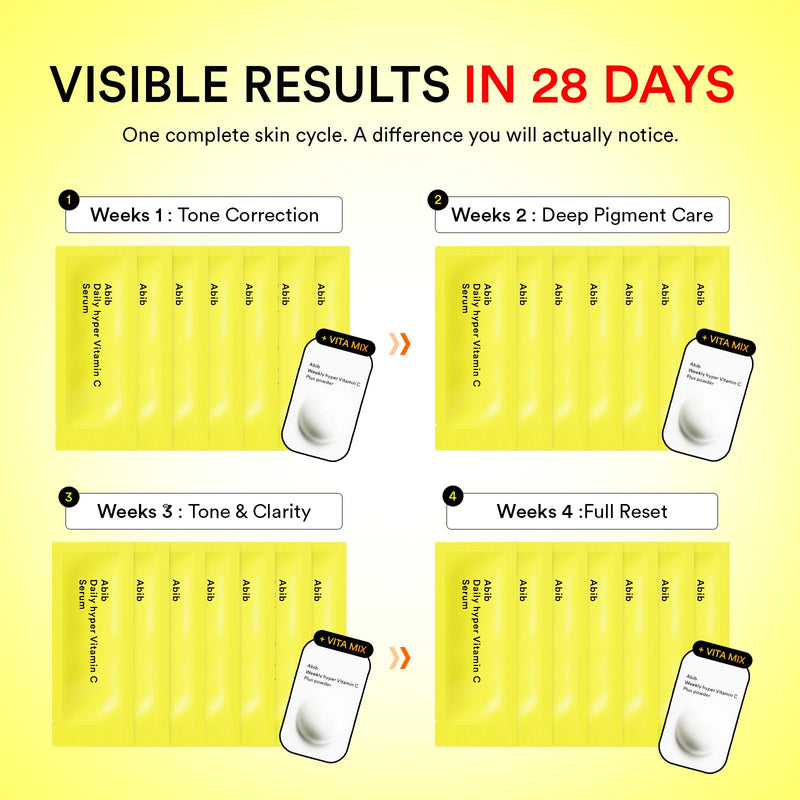 Abib Hyper Vita Shot 28 Days Program 1.42fl.oz.+0.03oz/42ml+0.8g | 10% Vitamin C Serum Individual Daily Pouches with Weekly Booster Powder, Ascorbic Acid, Korean Skin Care