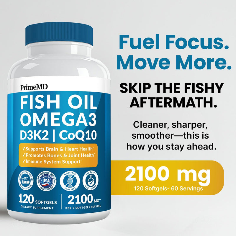 PrimeMD 4-in-1 Fish Oil Omega-3 with D3 K2 CoQ10, Lemon, 120 Softgels | Heart, Brain and Joint Support, Omega 3 with Vitamin D3, K2 and CoQ10 Fish Oil Supplement (Pack of 3) 120 Count (Pack of 3)