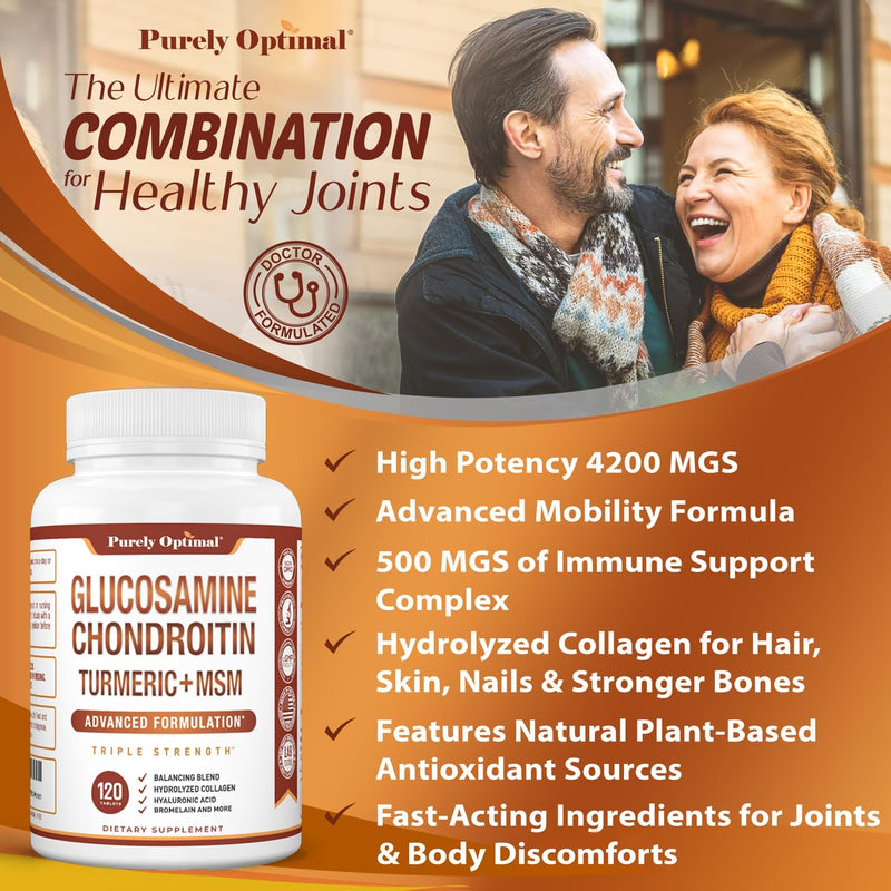 [Australia] - Purely Optimal Premium Glucosamine Chondroitin MSM Supplement Tablets w/Turmeric & Boswellia - Glucosamine Sulfate Joint Supplement for Men & Women 