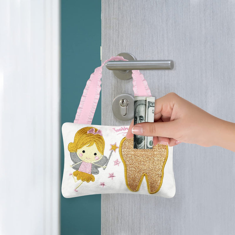 [Australia] - Tooth Fairy Pillow Embroidery Cartoon Fairy Gold Tooth Pocket with Gift Box Tooth Fairy Souvenir Children Gift for Girl Boy (Gold) 