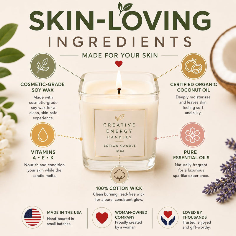 Lotion Candle - White Tea & Violet Scented Massage Candles for Self Care, 10 Oz. Soy Wax Candle with Essential Oil Blends, Coconut Oil, and Vitamin E, 55 Hour Burn Time Large
