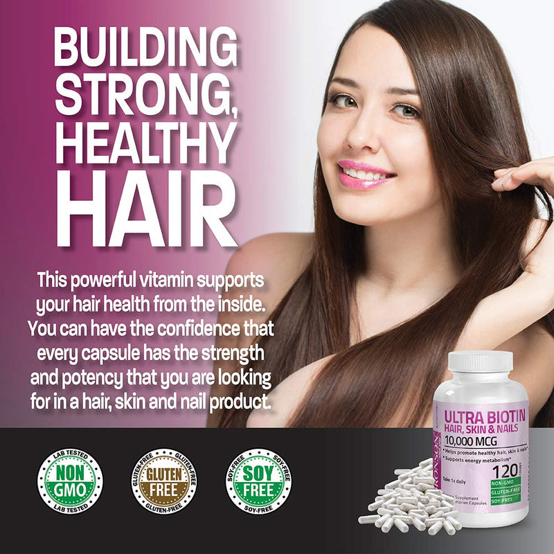 Bronson Ultra Biotin 10,000 mcg Hair, Skin & Nails, 120 Vegetarian Capsules | Once-Daily, Energy Metabolism Support, Non-GMO, Gluten-Free & Soy-Free 360 Count (Pack of 1)