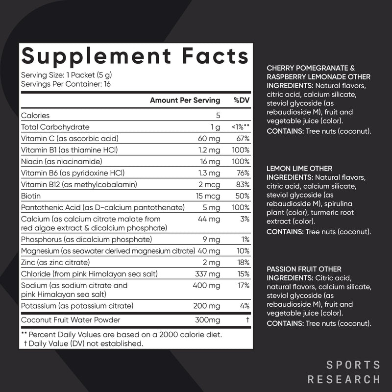 [Australia] - Sports Research Hydrate Electrolytes Powder Packets - Sugar-Free & Naturally Flavored with Vitamins, Minerals, and Coconut Water - Supports Hydration - 16 Packets - Variety Pack 16 Packets (Pack of 1) 