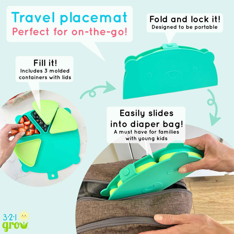 [Australia] - Silicone On-The-Go Snack Mat ‚Äì Foldable Reusable Placemat with 3 Compartments and Lids ‚Äì Travel-Friendly Baby and Toddler Snack Plate ‚Äì Dishwasher Safe (Aqua) Aqua 